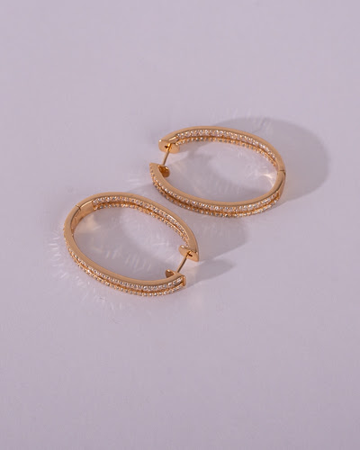 Argola Oval Baguete Dourada, Prata 925, Zircônia lapidação baguete e brilhante, Banho de ouro 18K (foto 1)