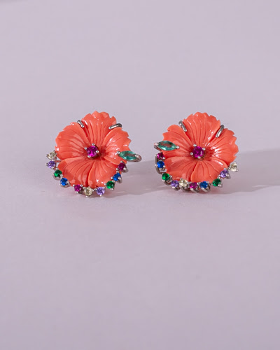 Brinco Flor Coral, Prata 925, Zircônia lapidação variada, Banho de ródio (foto 1)