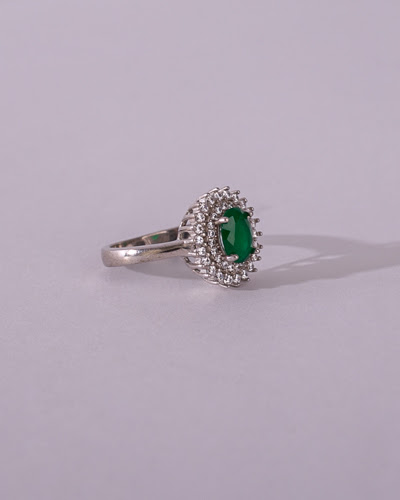 Anel Esmeralda Duplo Halo, Prata 925, Zircônia branca, Zircônia verde esmeralda oval, Banho de ródio (foto 1)